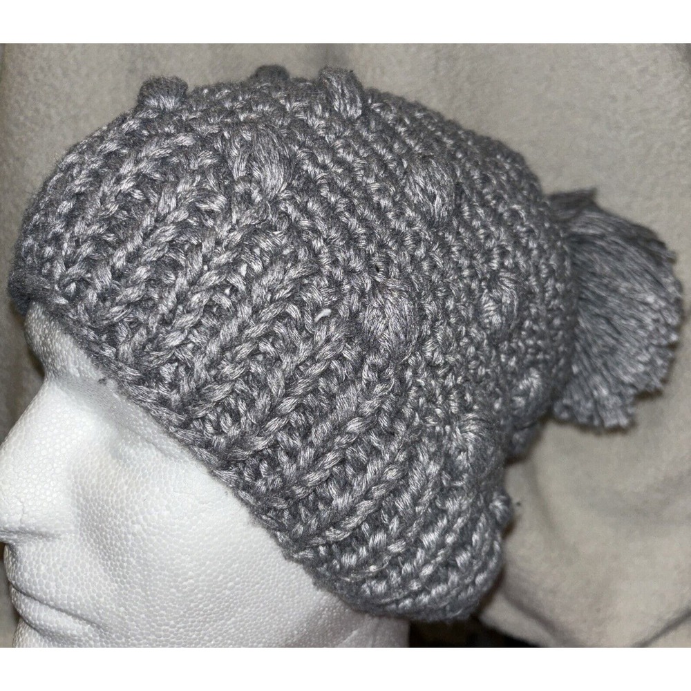 prAna Beanie Women's Chunky Knit Hat W Pom Pom Gray Hemp Blend